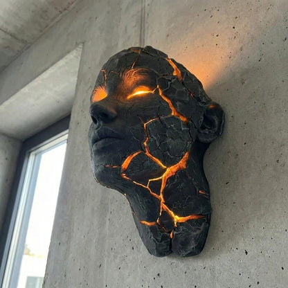 Wall Lamp Face Sculpture with Glowing Lava Cracks and Built-In LED Light