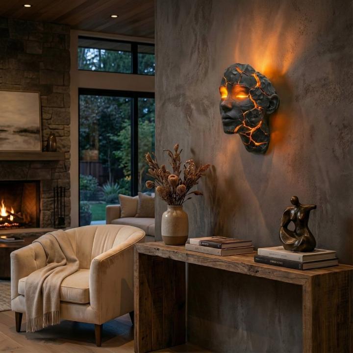 Wall Lamp Face Sculpture with Glowing Lava Cracks and Built-In LED Light