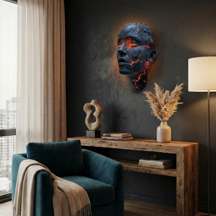 Wall Lamp Face Sculpture with Glowing Lava Cracks and Built-In LED Light