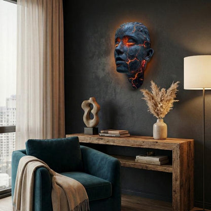 Wall Lamp Face Sculpture with Glowing Lava Cracks and Built-In LED Light