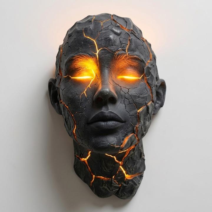 Wall Lamp Face Sculpture with Glowing Lava Cracks and Built-In LED Light