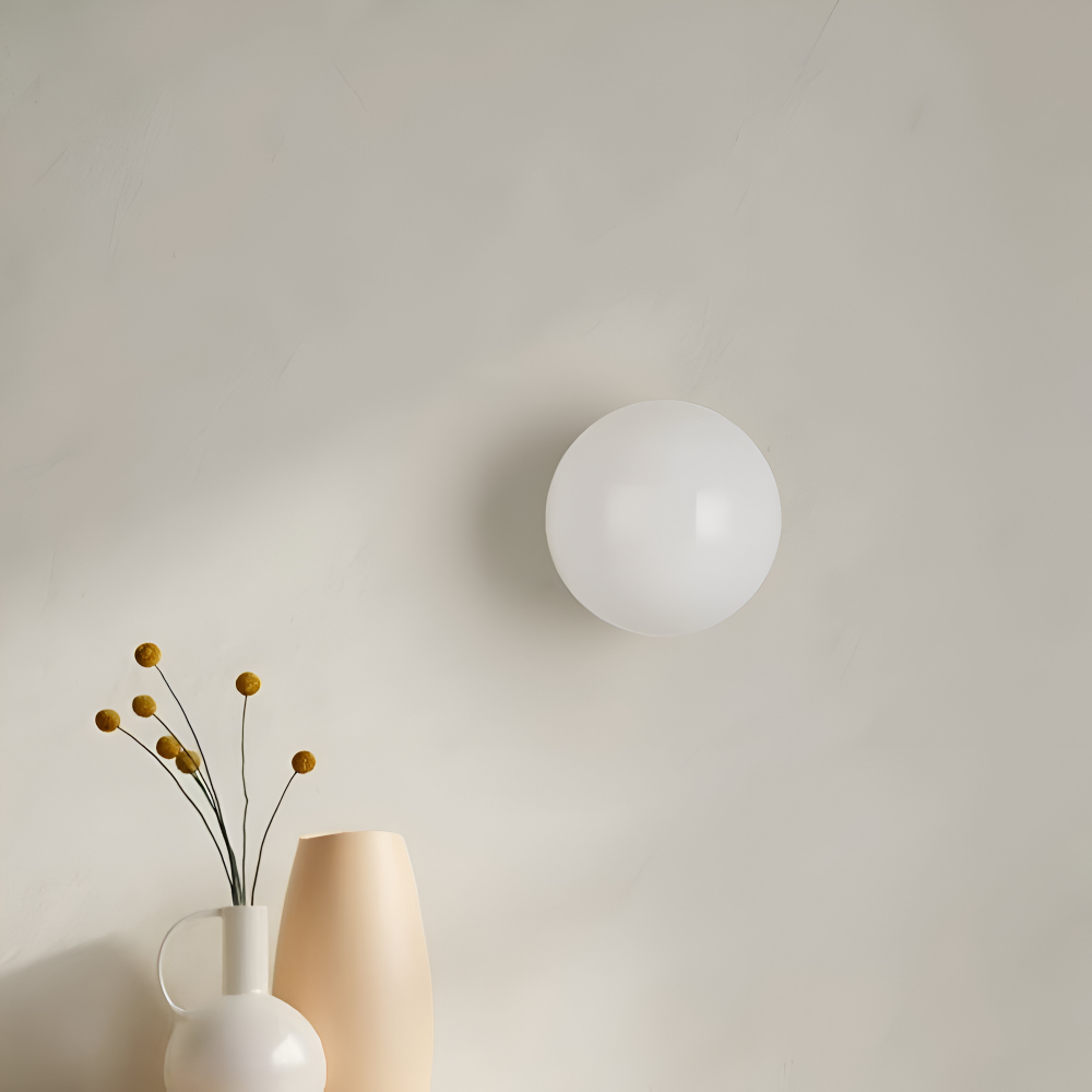 Wall Lamp Minimalist with Round Opal Glass Globe and Iron Base