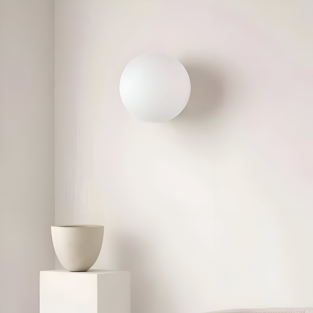 Wall Lamp Minimalist with Round Opal Glass Globe and Iron Base