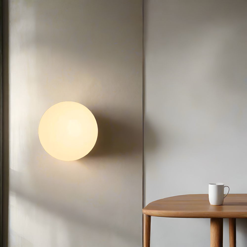 Wall Lamp Minimalist with Round Opal Glass Globe and Iron Base
