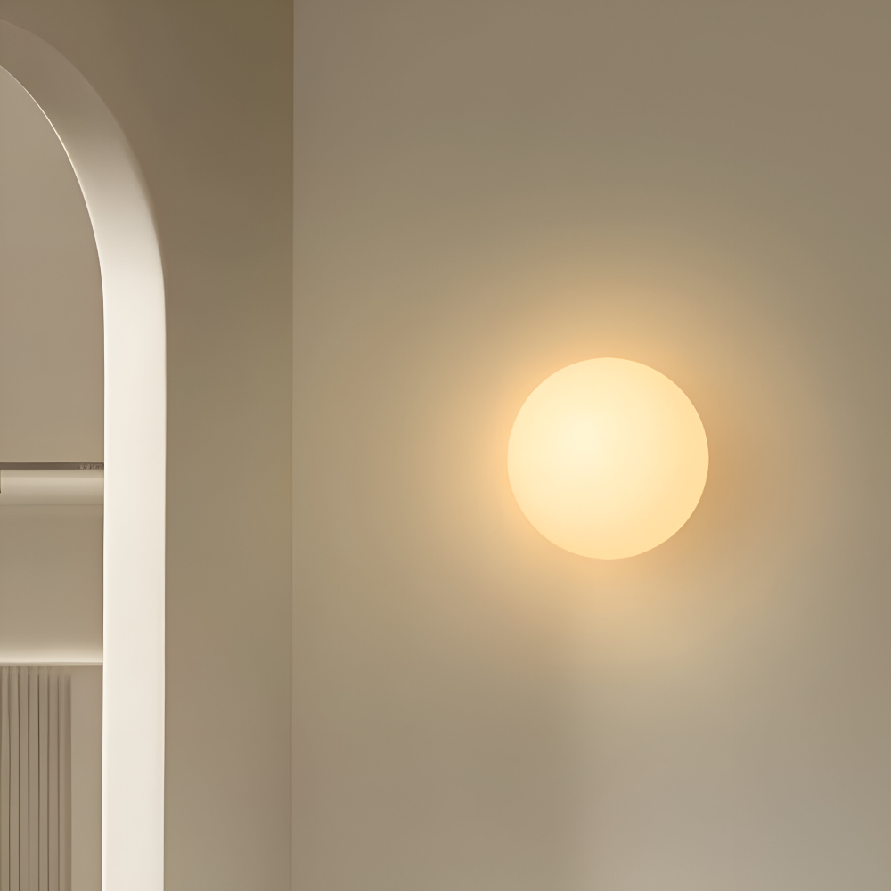 Wall Lamp Minimalist with Round Opal Glass Globe and Iron Base