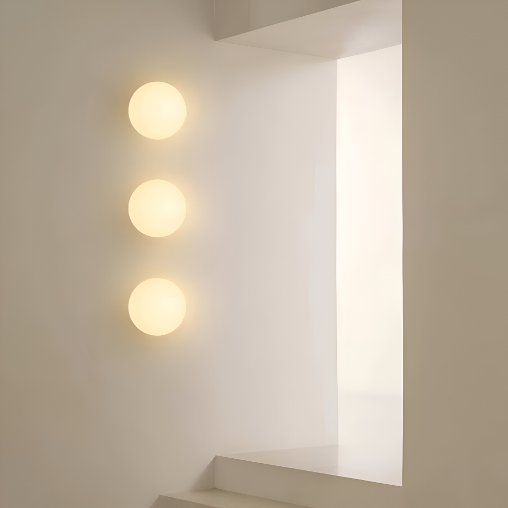 Wall Lamp Minimalist with Round Opal Glass Globe and Iron Base