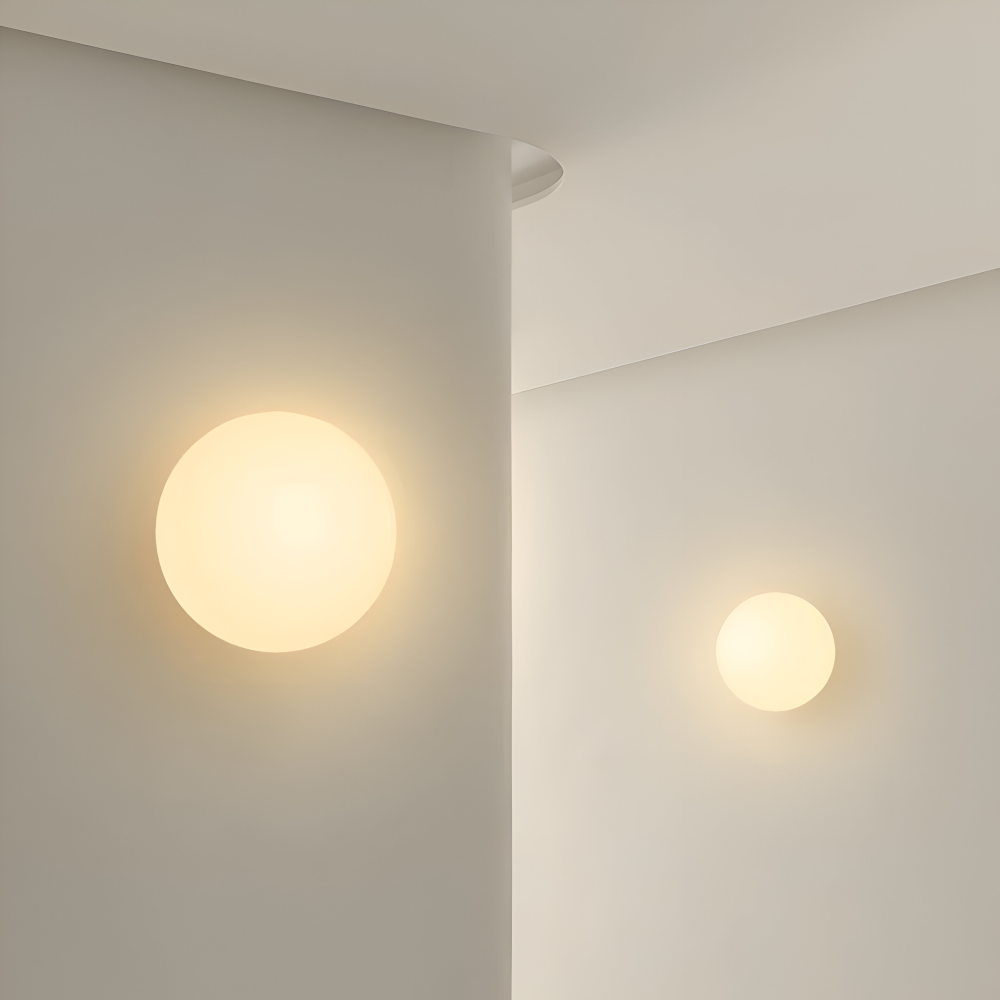 Wall Lamp Minimalist with Round Opal Glass Globe and Iron Base
