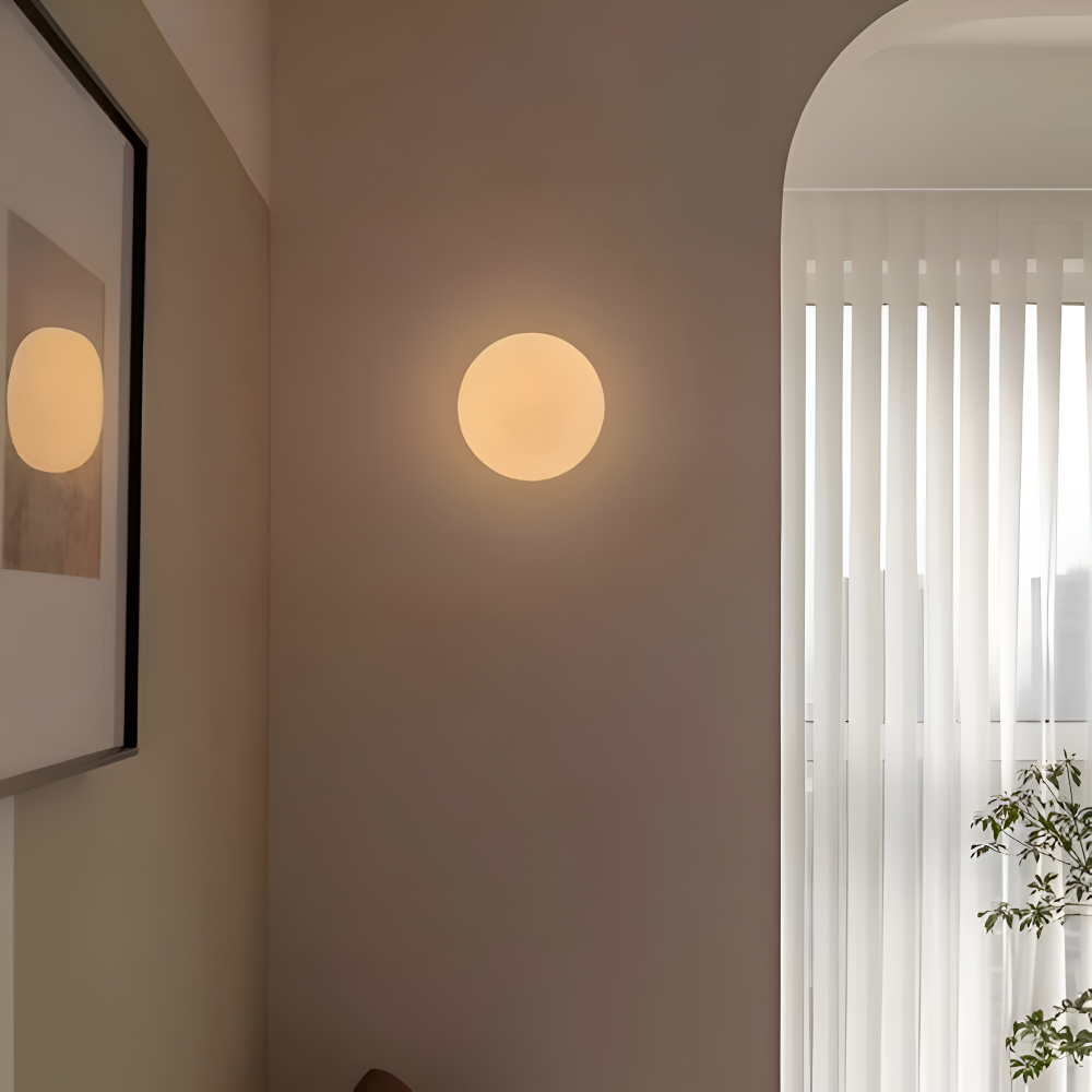 Wall Lamp Minimalist with Round Opal Glass Globe and Iron Base