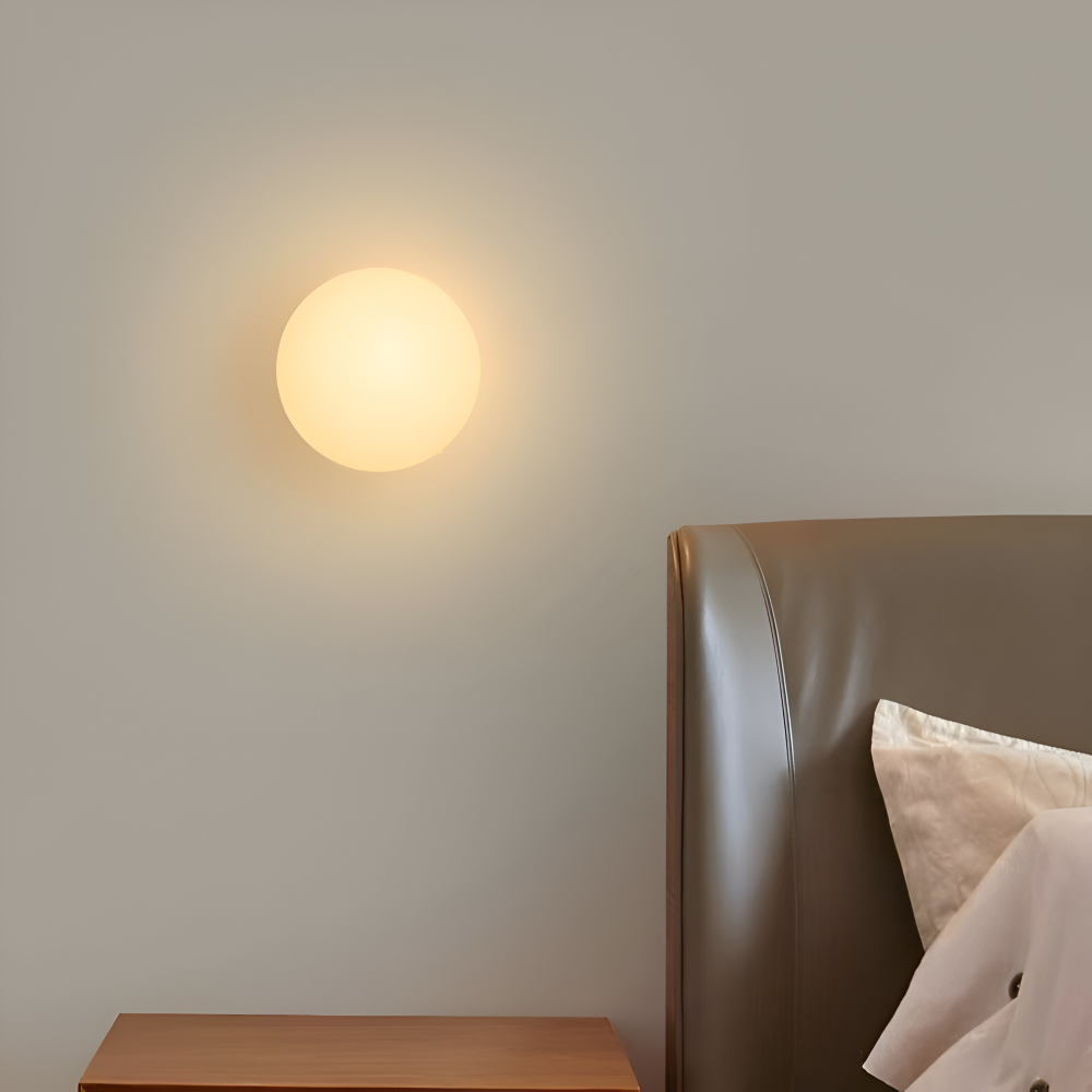 Wall Lamp Minimalist with Round Opal Glass Globe and Iron Base