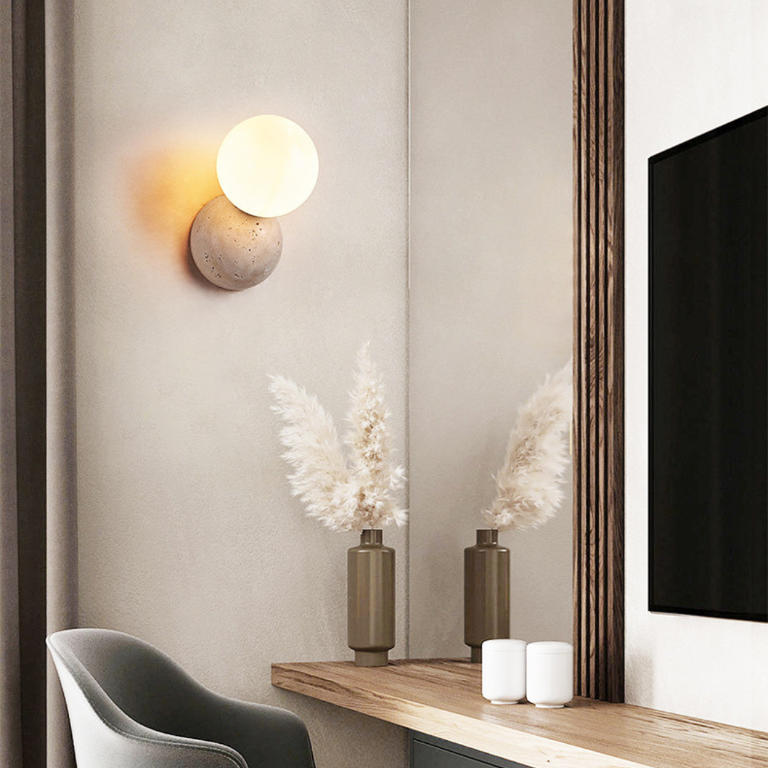 Wall Lamp Minimalist with Stone Base and Frosted Globe