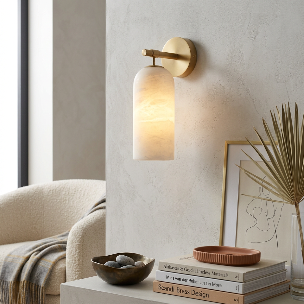 Wall Lamp Modern Alabaster Shade with Brass Arm Hardwired Indoor Sconce
