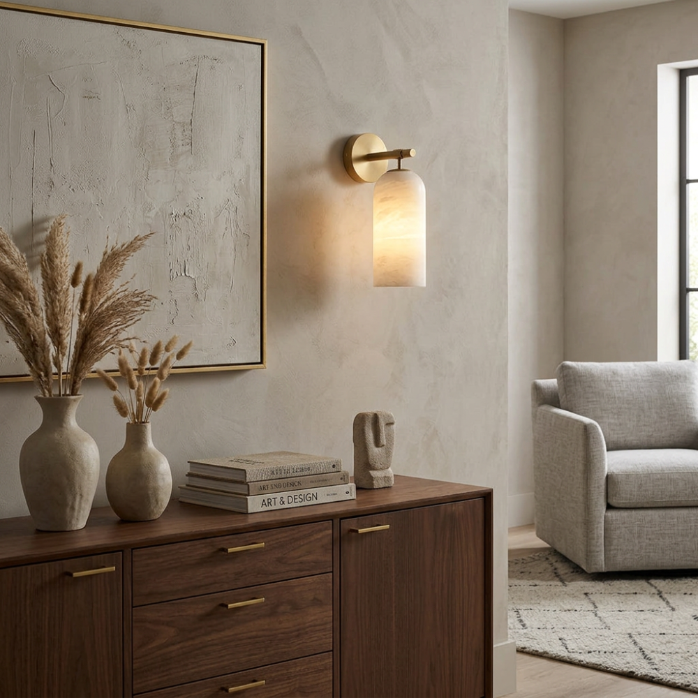 Wall Lamp Modern Alabaster Shade with Brass Arm Hardwired Indoor Sconce