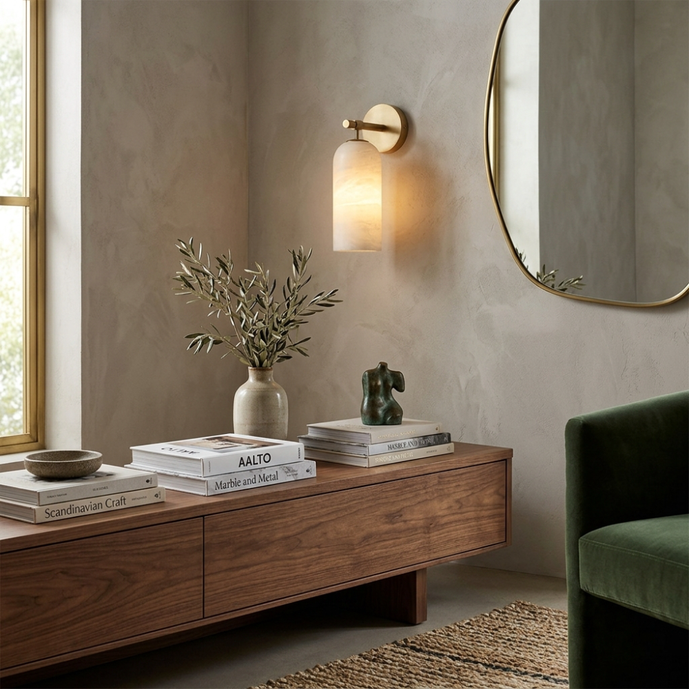 Wall Lamp Modern Alabaster Shade with Brass Arm Hardwired Indoor Sconce