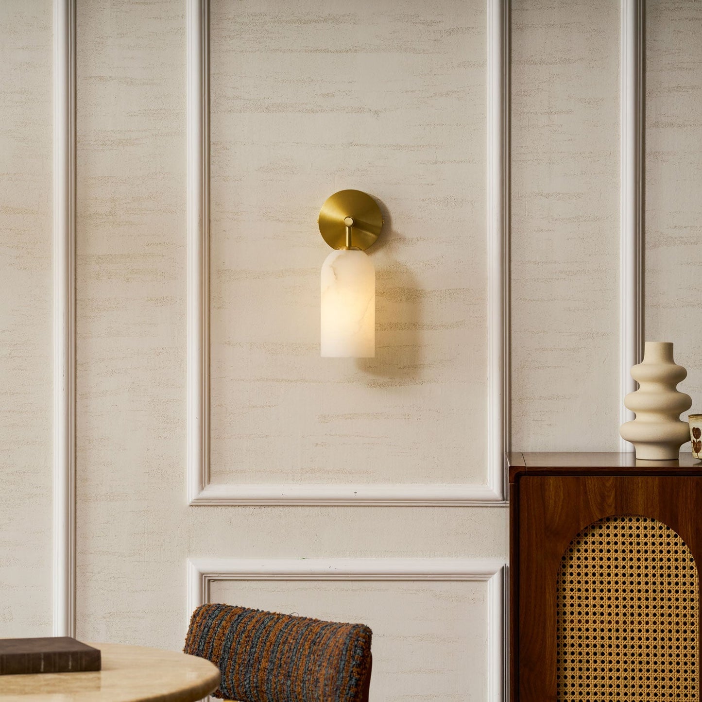 Wall Lamp Modern Alabaster Shade with Brass Arm Hardwired Indoor Sconce