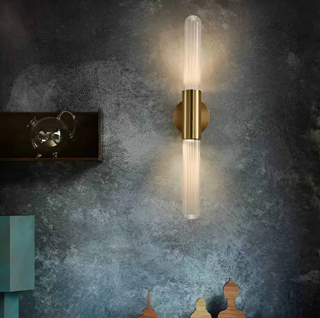 Wall Lamp Modern Art Deco with Ribbed Glass Tubes and Double-Ended Design