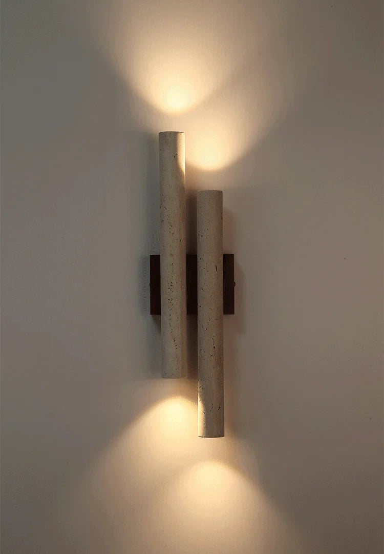 Wall Lamp Modern Minimalist with Dual Travertine Stone Tubes and Up Down Light