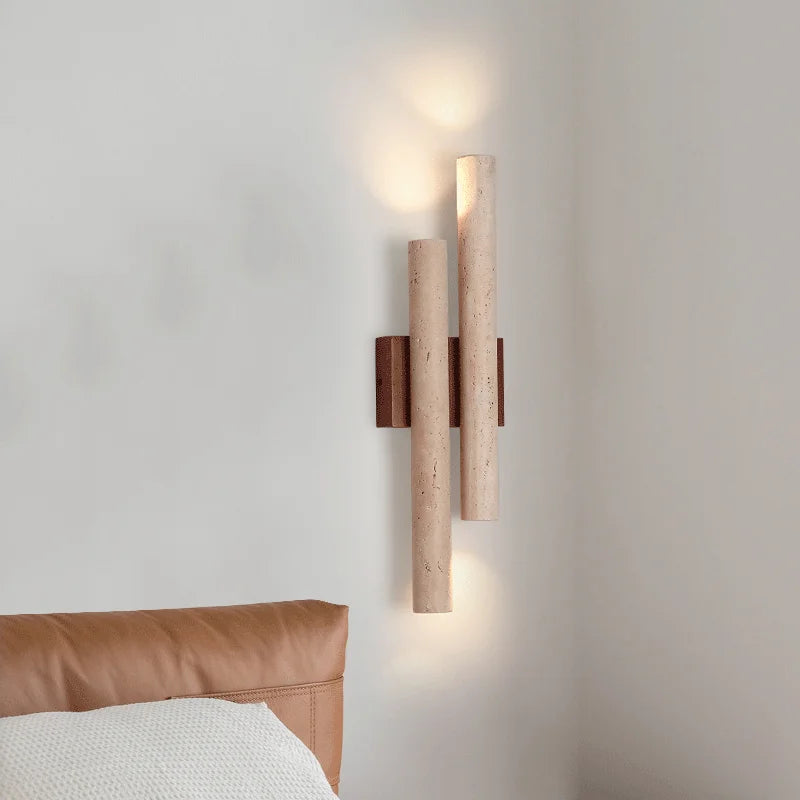 Wall Lamp Modern Minimalist with Dual Travertine Stone Tubes and Up Down Light