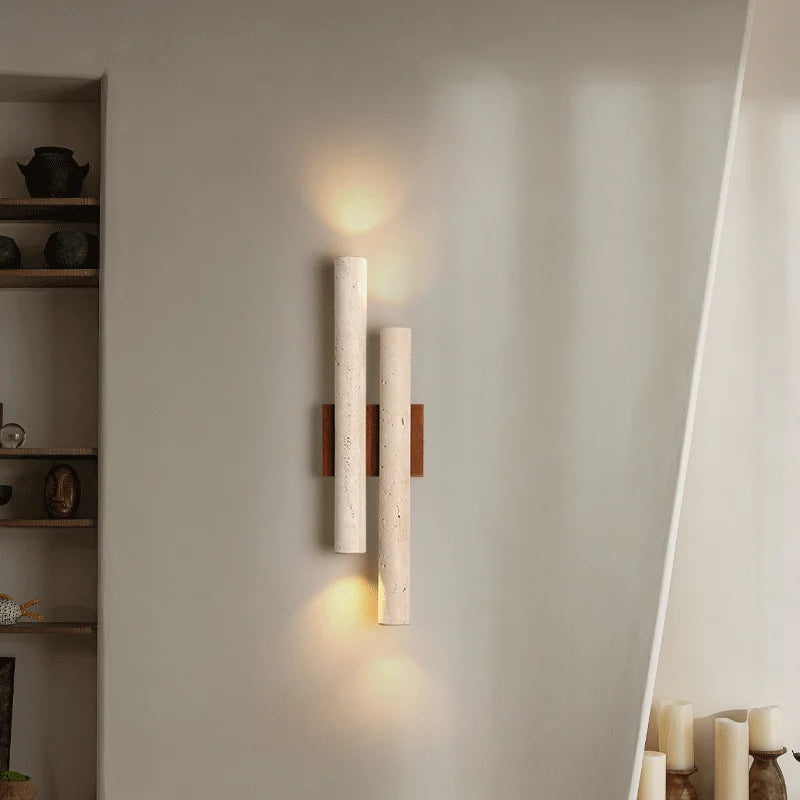 Wall Lamp Modern Minimalist with Dual Travertine Stone Tubes and Up Down Light