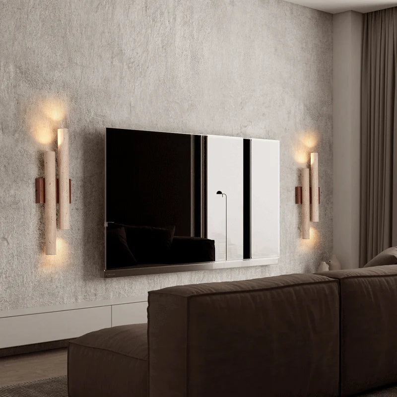 Wall Lamp Modern Minimalist with Dual Travertine Stone Tubes and Up Down Light