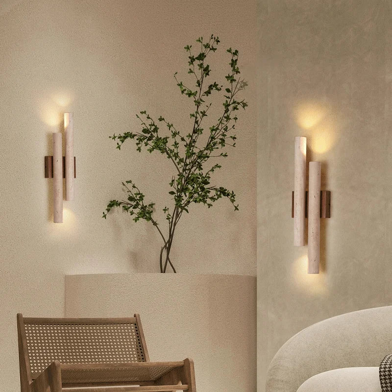 Wall Lamp Modern Minimalist with Dual Travertine Stone Tubes and Up Down Light