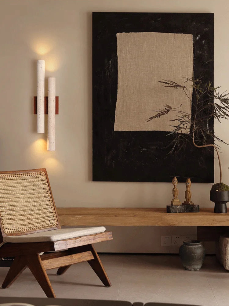 Wall Lamp Modern Minimalist with Dual Travertine Stone Tubes and Up Down Light