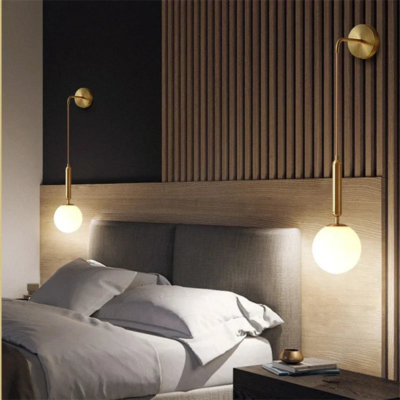 Wall Lamp Modern Minimalist with Globe Glass Shade and Curved Arm