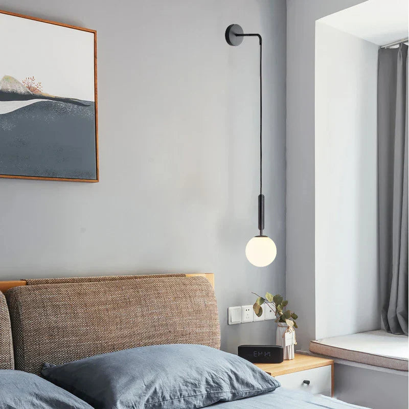 Wall Lamp Modern Minimalist with Globe Glass Shade and Curved Arm