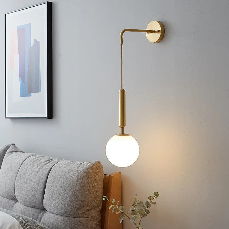 Wall Lamp Modern Minimalist with Globe Glass Shade and Curved Arm
