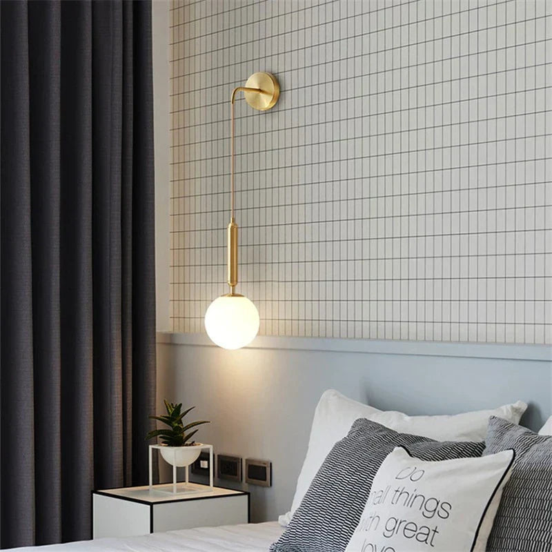 Wall Lamp Modern Minimalist with Globe Glass Shade and Curved Arm