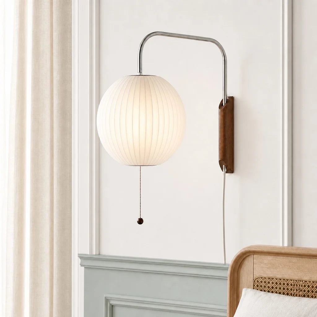 Wall Lamp Modern Minimalist with Ribbed Bubble Shade and Pull-Chain Switch