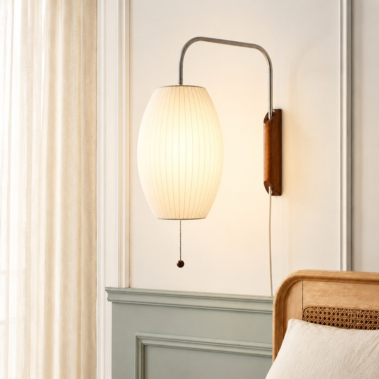 Wall Lamp Modern Minimalist with Ribbed Bubble Shade and Pull-Chain Switch