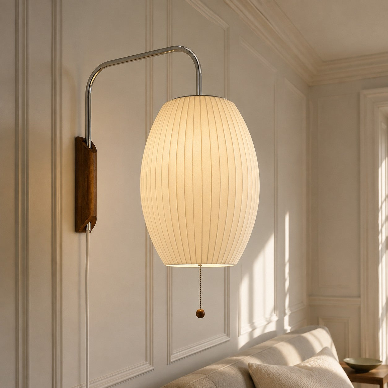 Wall Lamp Modern Minimalist with Ribbed Bubble Shade and Pull-Chain Switch