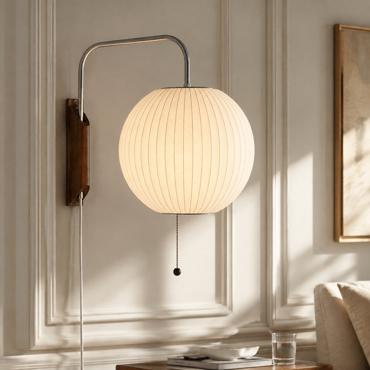 Wall Lamp Modern Minimalist with Ribbed Bubble Shade and Pull-Chain Switch