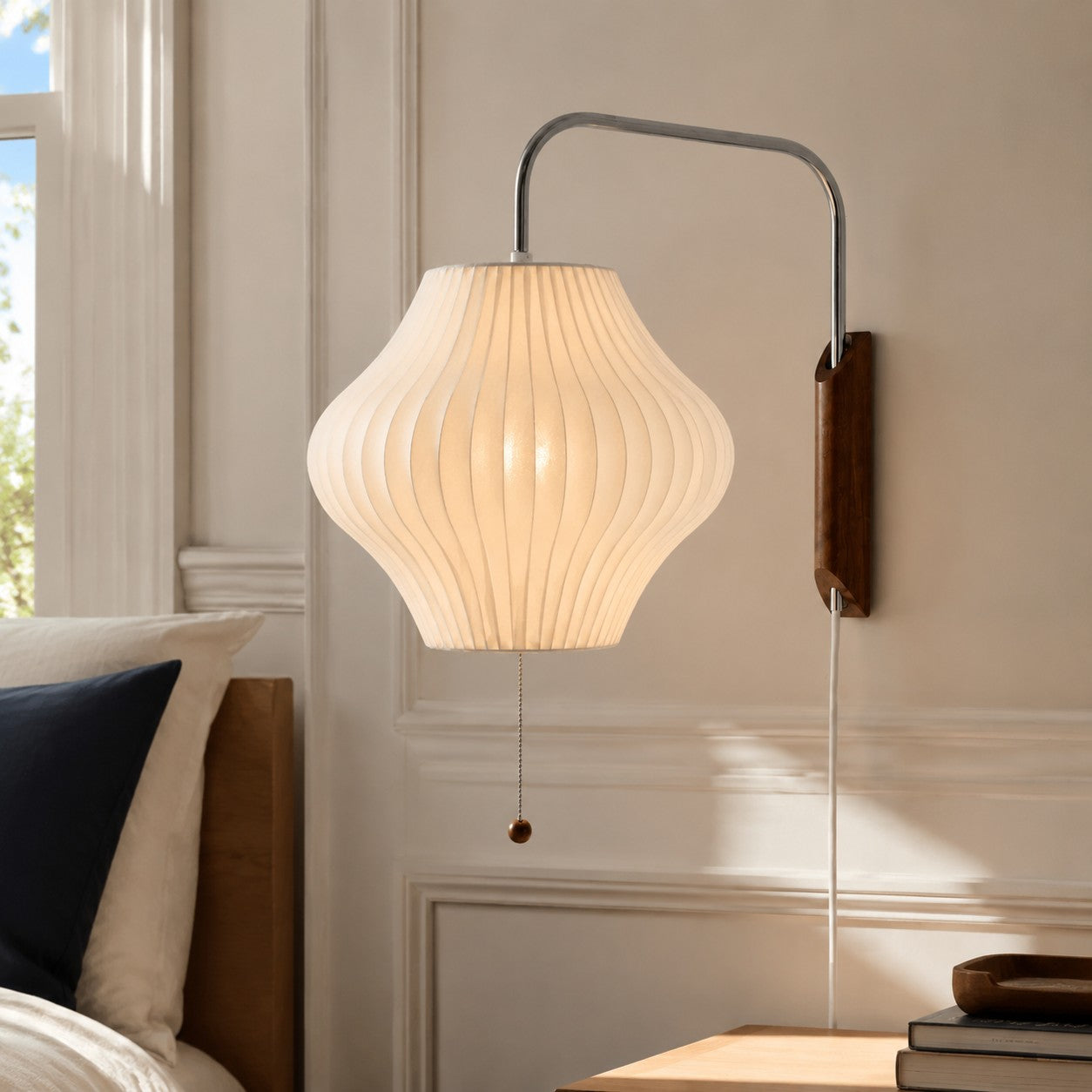 Wall Lamp Modern Minimalist with Ribbed Bubble Shade and Pull-Chain Switch