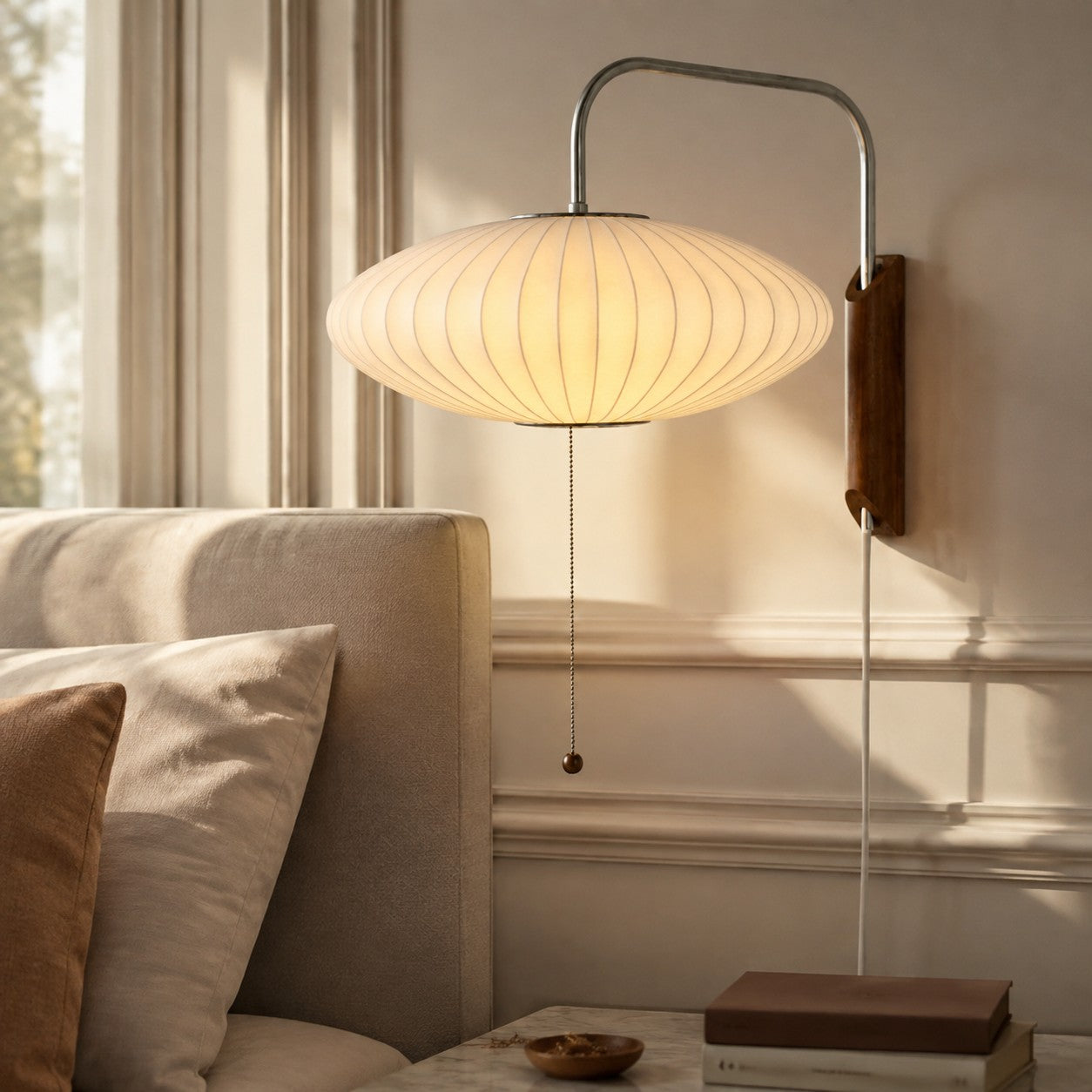 Wall Lamp Modern Minimalist with Ribbed Bubble Shade and Pull-Chain Switch