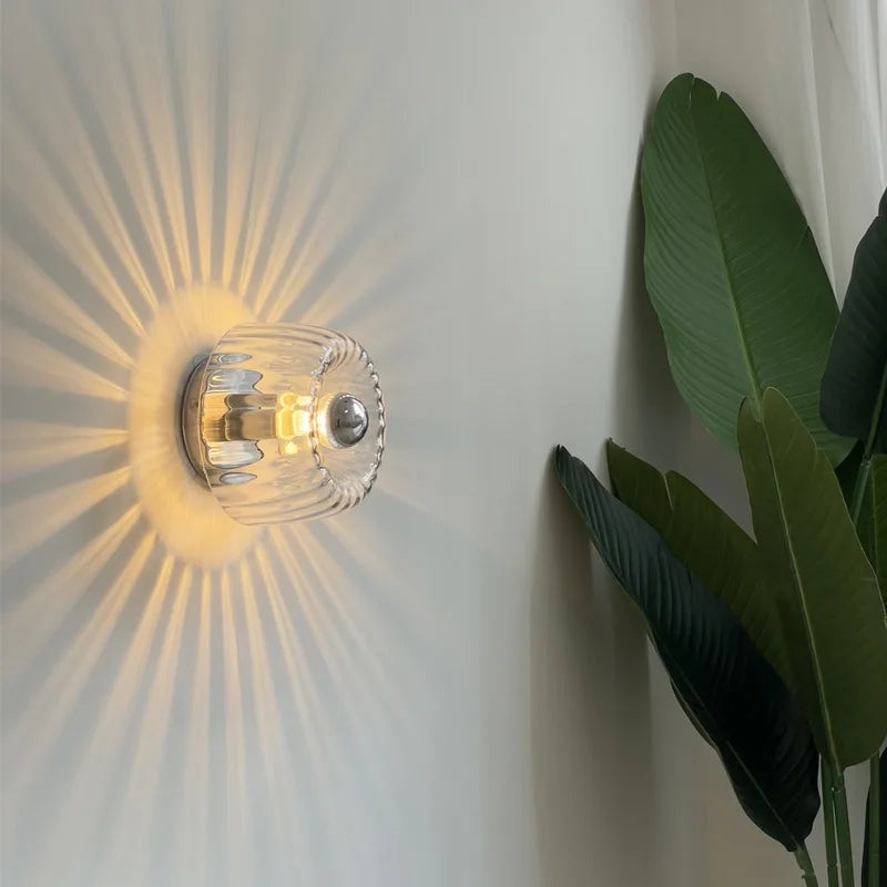 Wall Lamp Modern Minimalist with Ribbed Glass Shade and Sunburst Light Effect