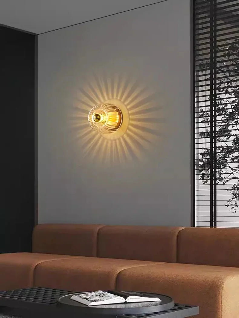 Wall Lamp Modern Minimalist with Ribbed Glass Shade and Sunburst Light Effect