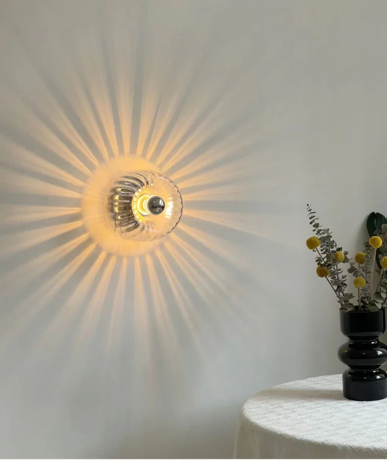 Wall Lamp Modern Minimalist with Ribbed Glass Shade and Sunburst Light Effect