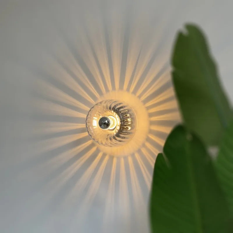 Wall Lamp Modern Minimalist with Ribbed Glass Shade and Sunburst Light Effect