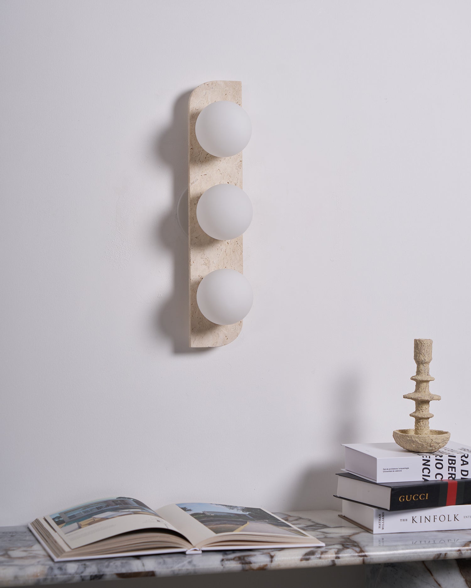 Wall Lamp Modern Travertine with Globe Shades and Arch Backplate