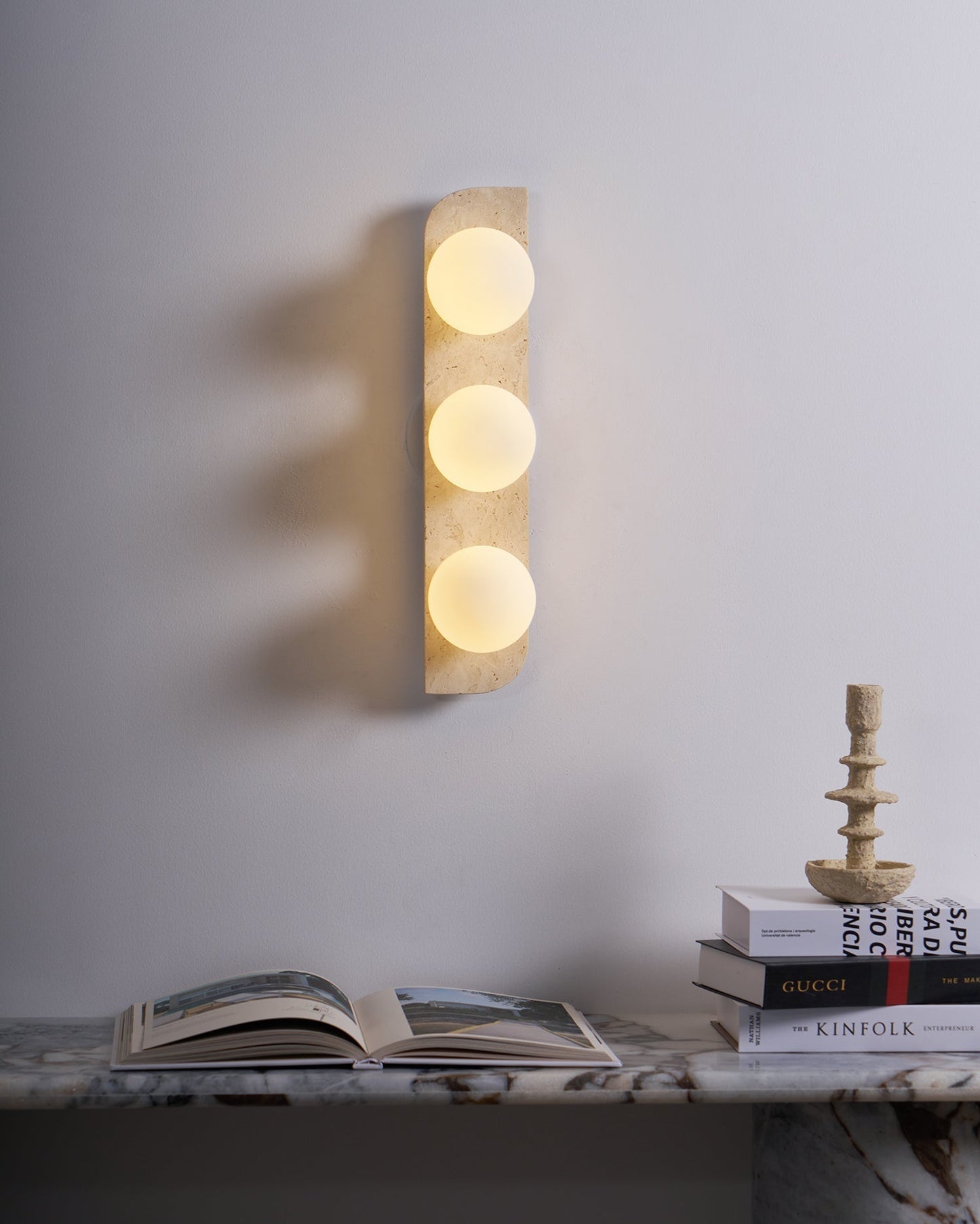 Wall Lamp Modern Travertine with Globe Shades and Arch Backplate