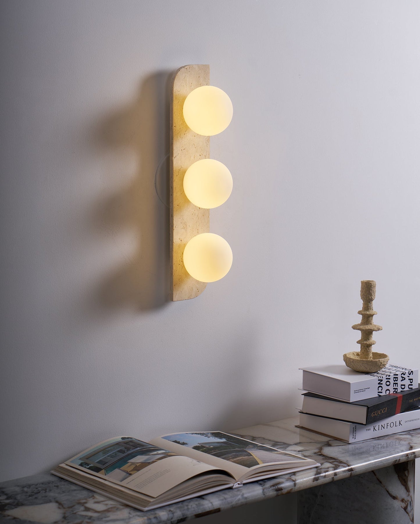 Wall Lamp Modern Travertine with Globe Shades and Arch Backplate