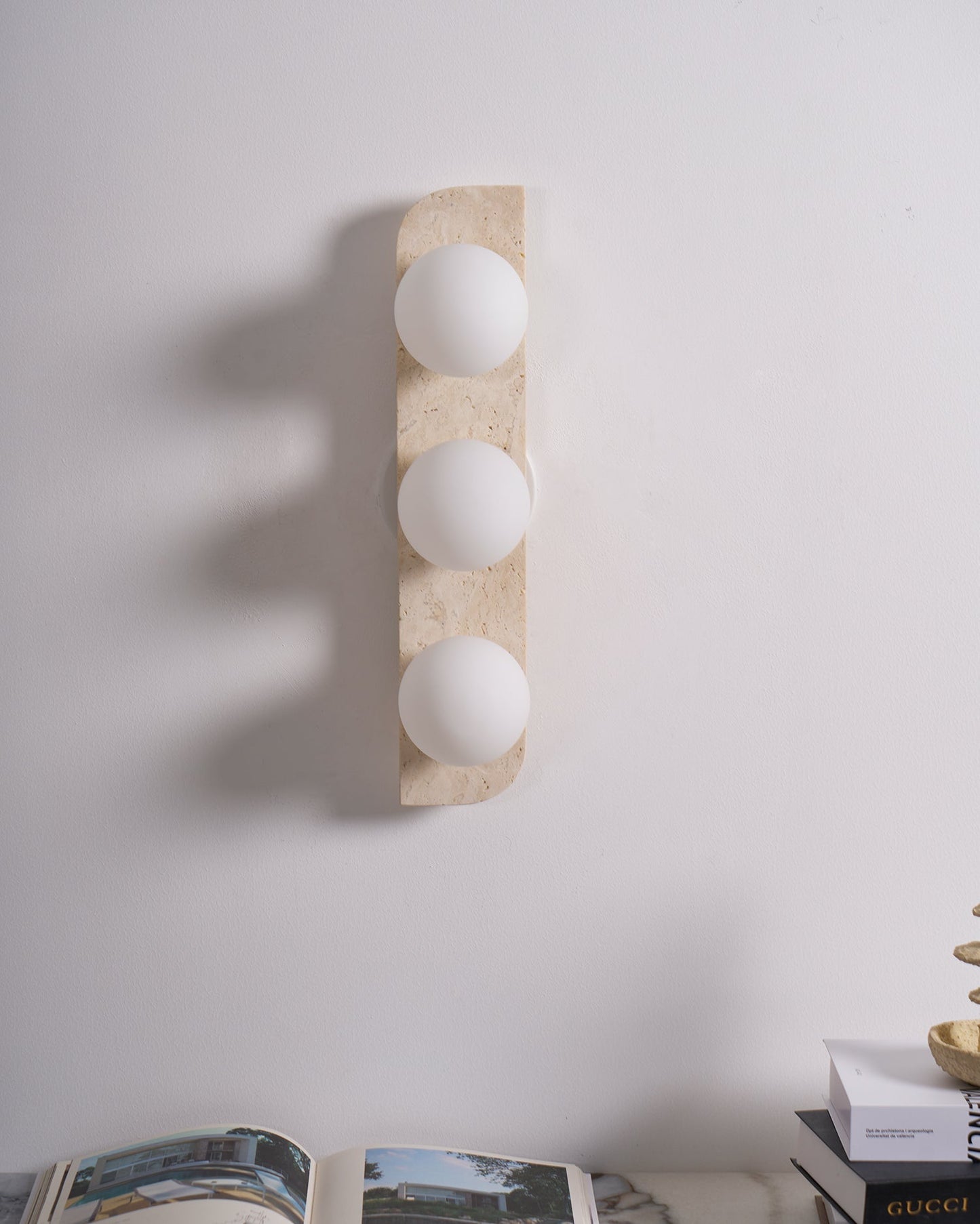 Wall Lamp Modern Travertine with Globe Shades and Arch Backplate