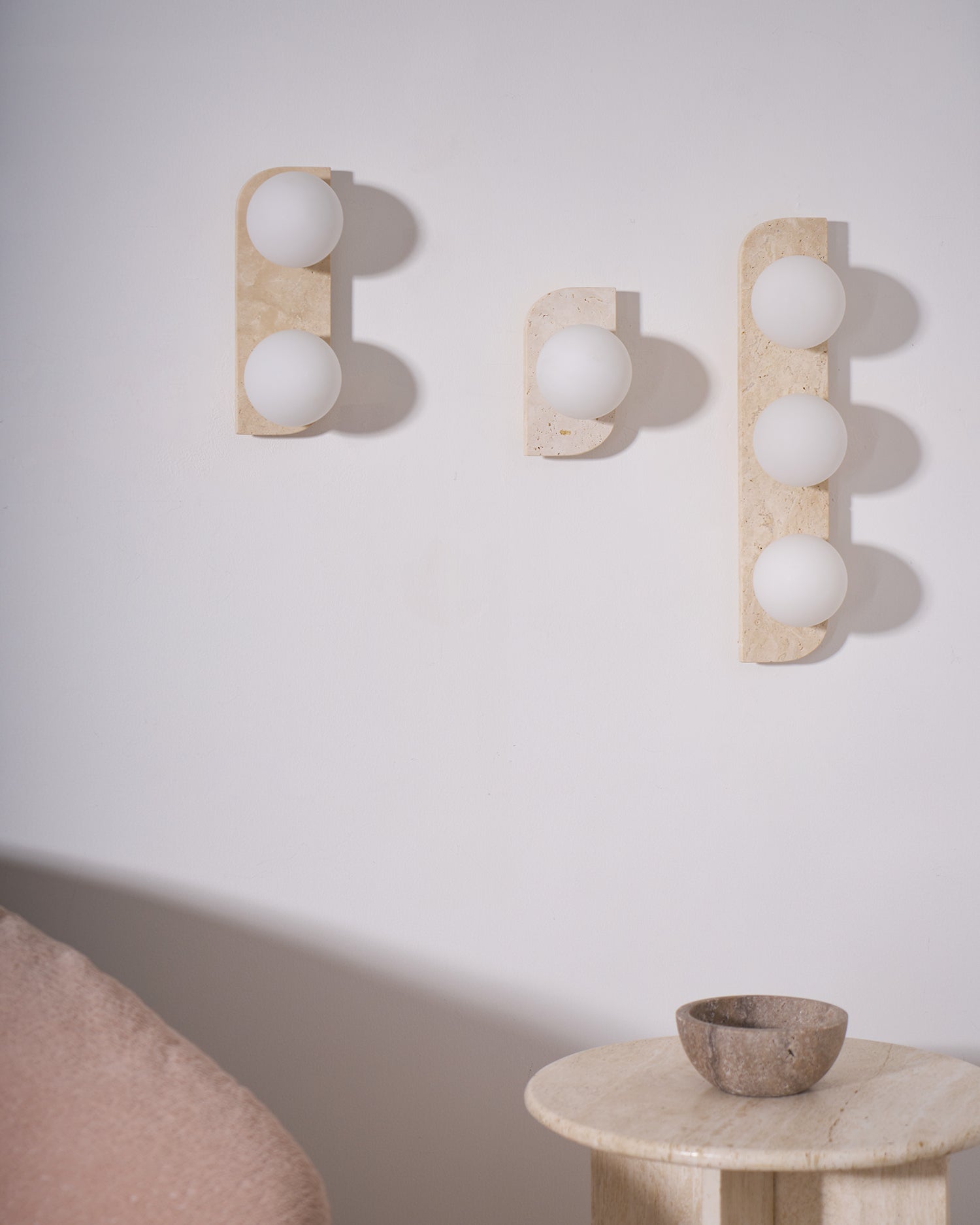Wall Lamp Modern Travertine with Globe Shades and Arch Backplate