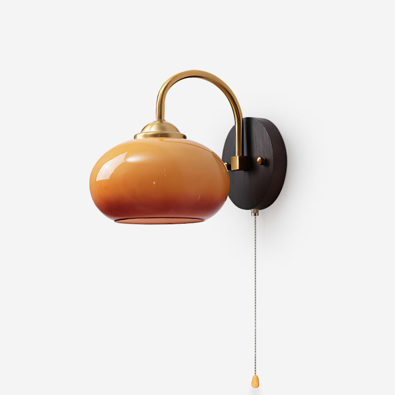 Wall Lamp Retro with Arched Brass Arm and Glass Dome Shade with Pull Chain