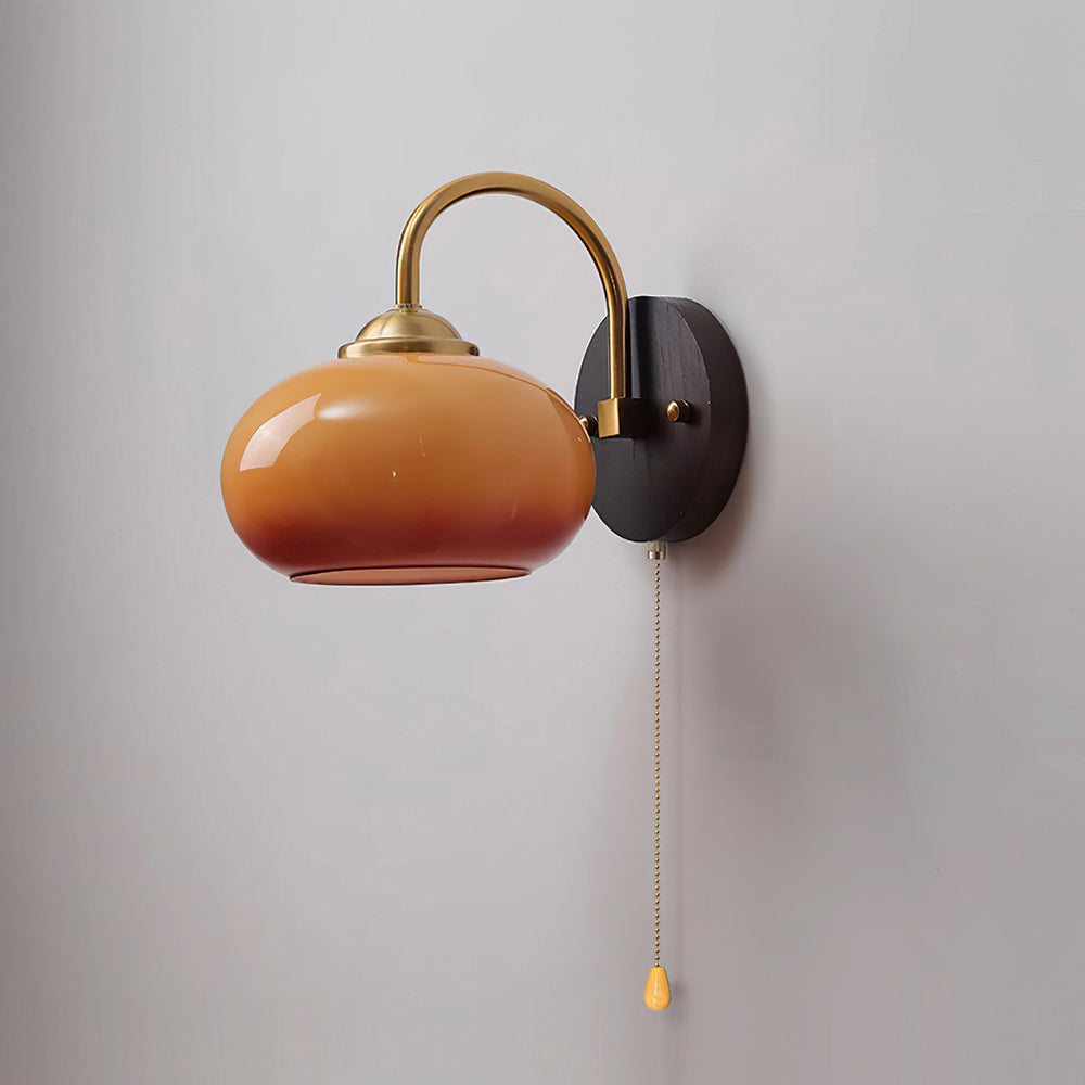 Wall Lamp Retro with Arched Brass Arm and Glass Dome Shade with Pull Chain
