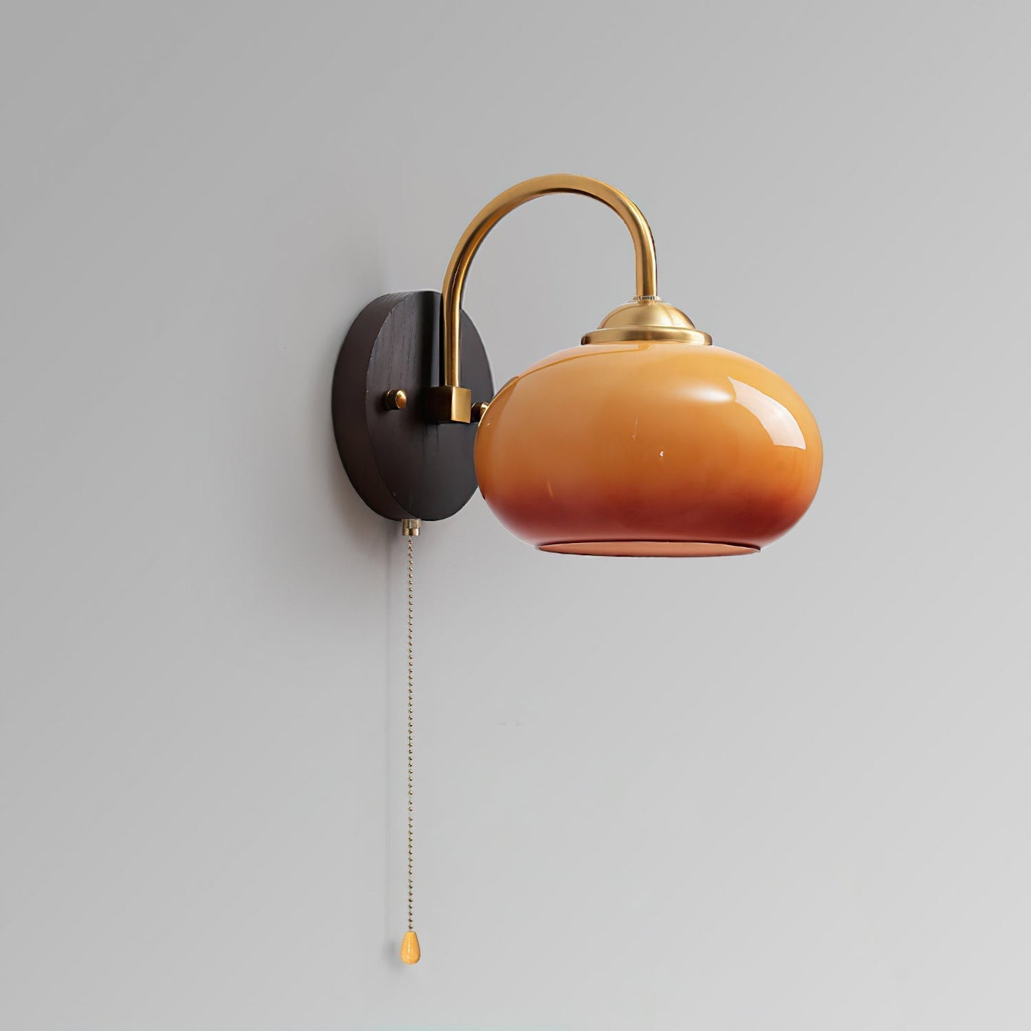 Wall Lamp Retro with Arched Brass Arm and Glass Dome Shade with Pull Chain