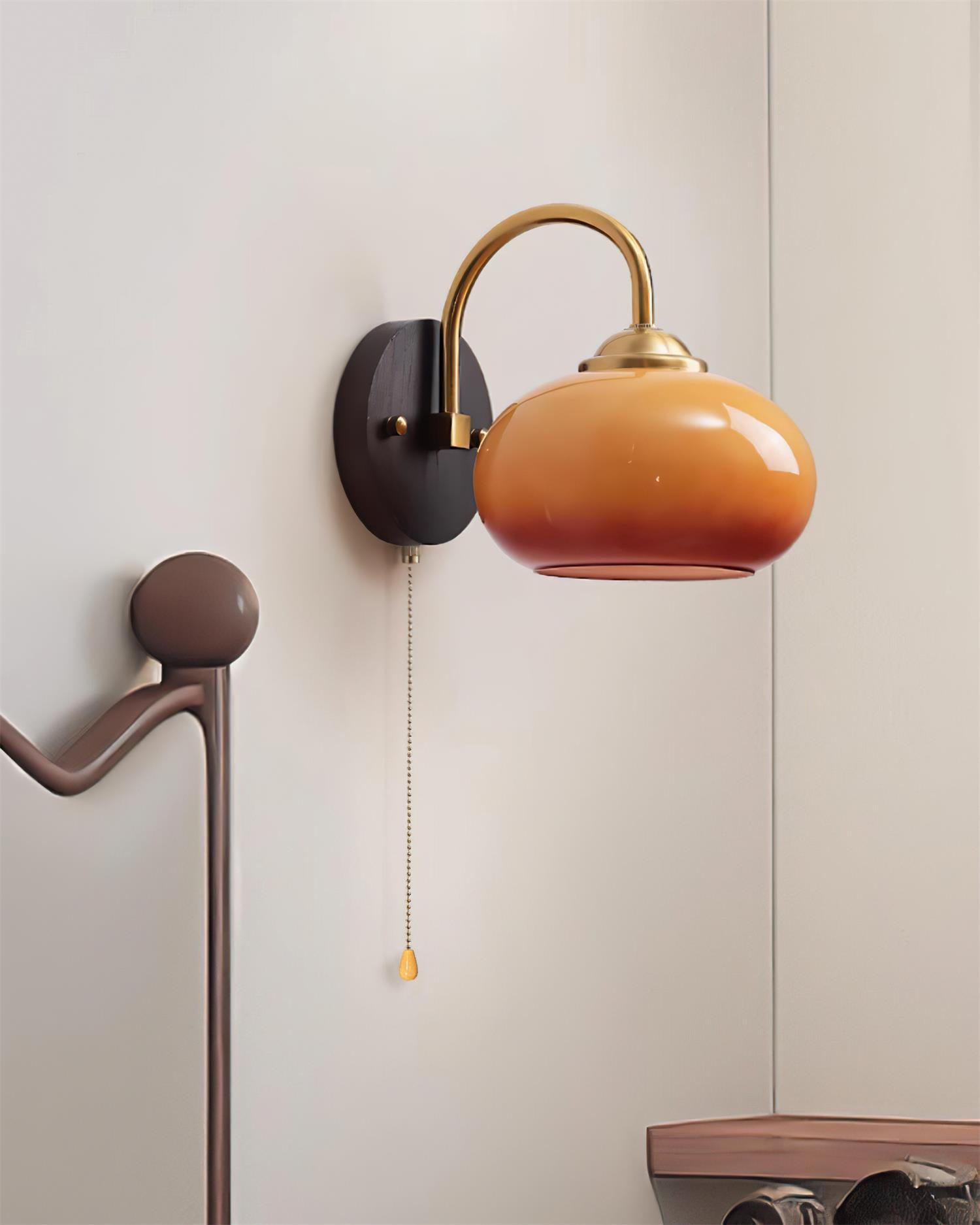 Wall Lamp Retro with Arched Brass Arm and Glass Dome Shade with Pull Chain