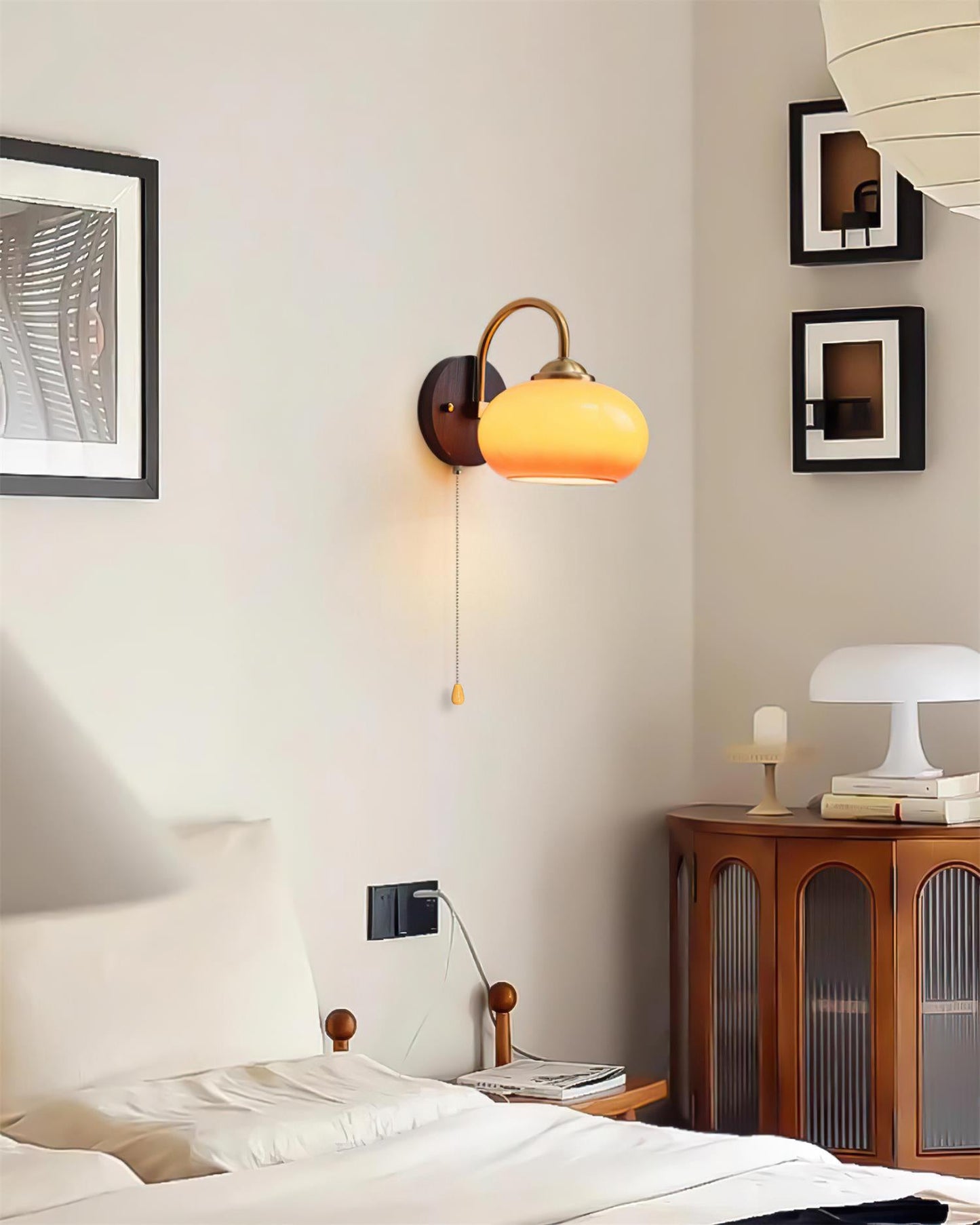 Wall Lamp Retro with Arched Brass Arm and Glass Dome Shade with Pull Chain