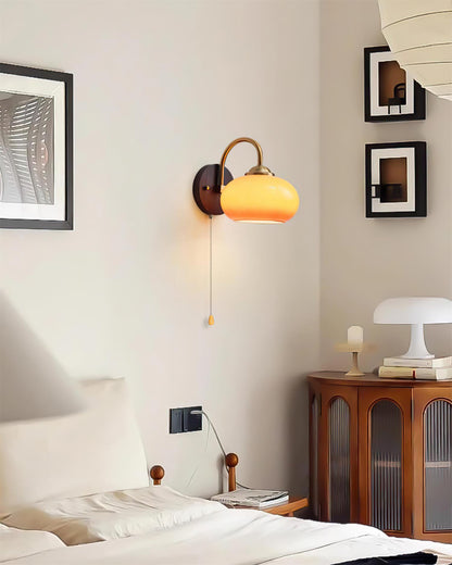Wall Lamp Retro with Arched Brass Arm and Glass Dome Shade with Pull Chain